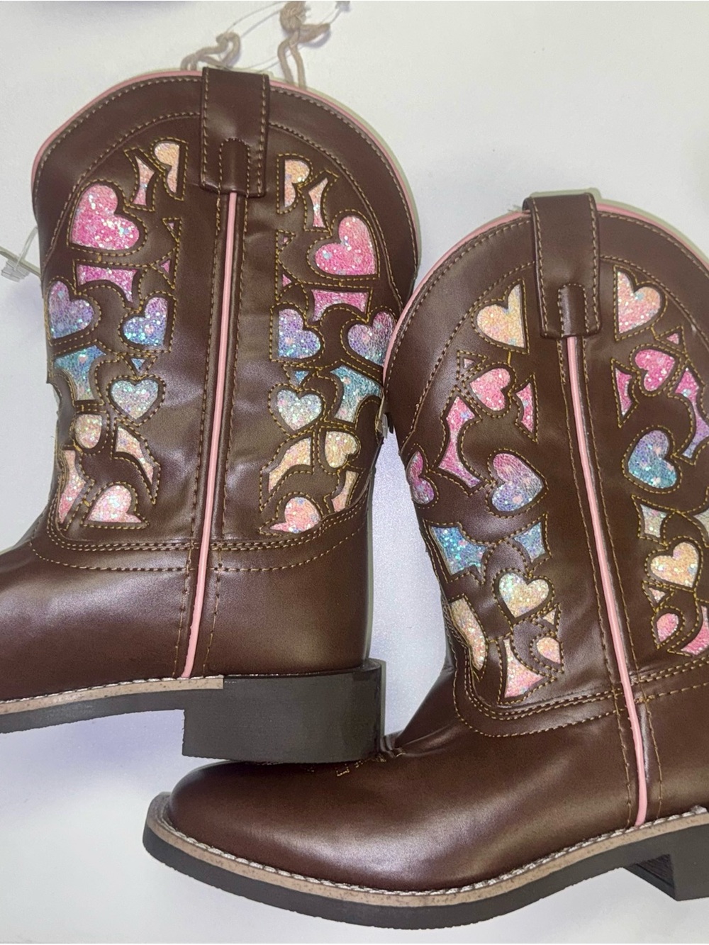 NWT Shyanne Brown Kids Western Boots with Pink Trim and Glitter Heart Cutouts
